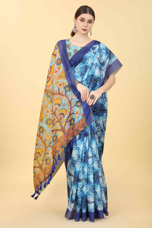 Blue Cotton Blend Printed Kalamkari Saree with Unstitched Blouse - Hiral Fashion | Swadesiicart
