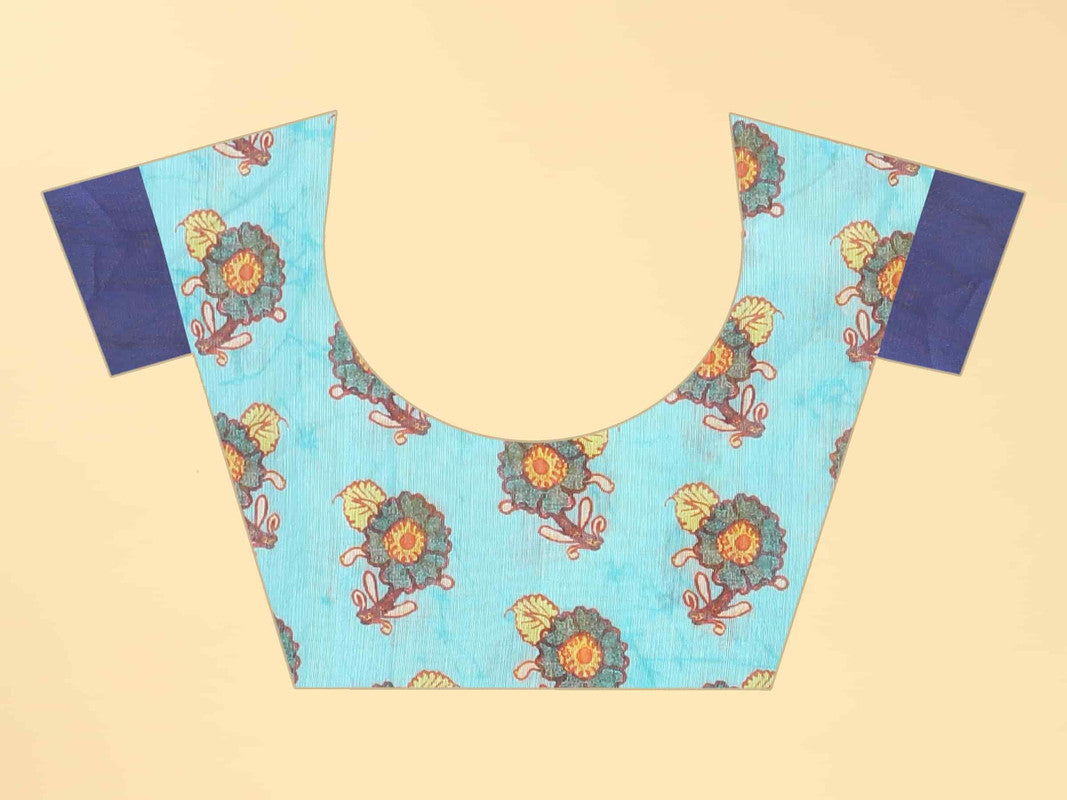 Blue Cotton Blend Printed Kalamkari Saree with Unstitched Blouse - Hiral Fashion | Swadesiicart