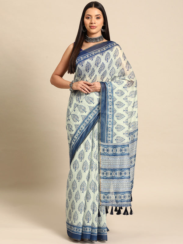Blue Cotton Blend Printed Dabu Saree with Unstitched Blouse - Hiral Fashion | Swadesiicart