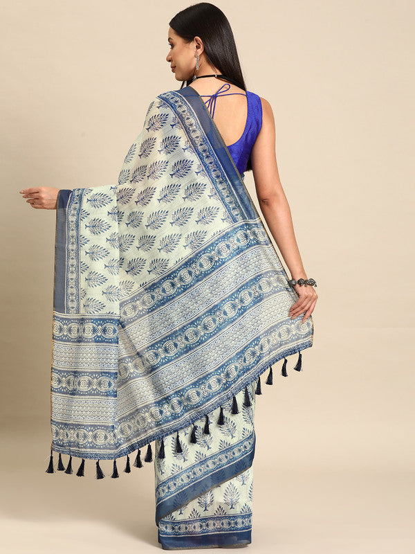 Blue Cotton Blend Printed Dabu Saree with Unstitched Blouse - Hiral Fashion | Swadesiicart