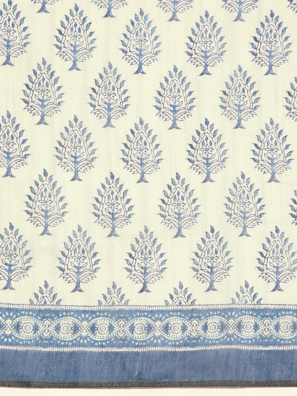 Blue Cotton Blend Printed Dabu Saree with Unstitched Blouse - Hiral Fashion | Swadesiicart