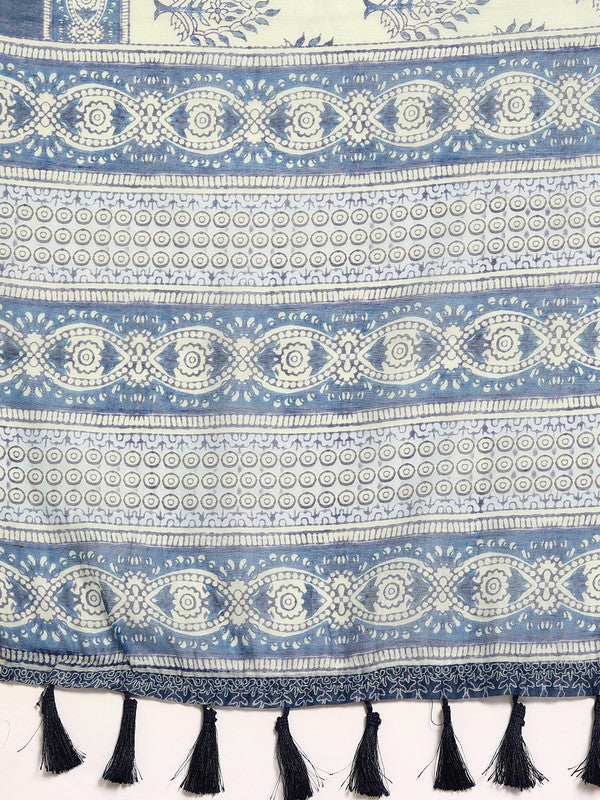 Blue Cotton Blend Printed Dabu Saree with Unstitched Blouse - Hiral Fashion | Swadesiicart