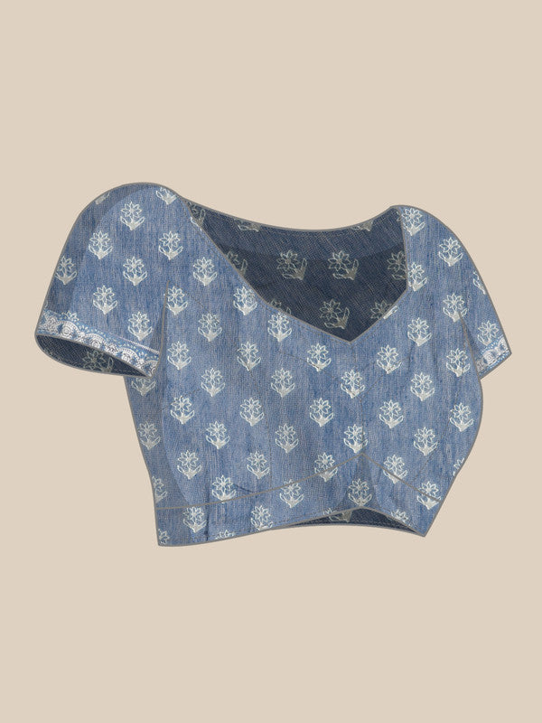 Blue Cotton Blend Printed Dabu Saree with Unstitched Blouse - Hiral Fashion | Swadesiicart