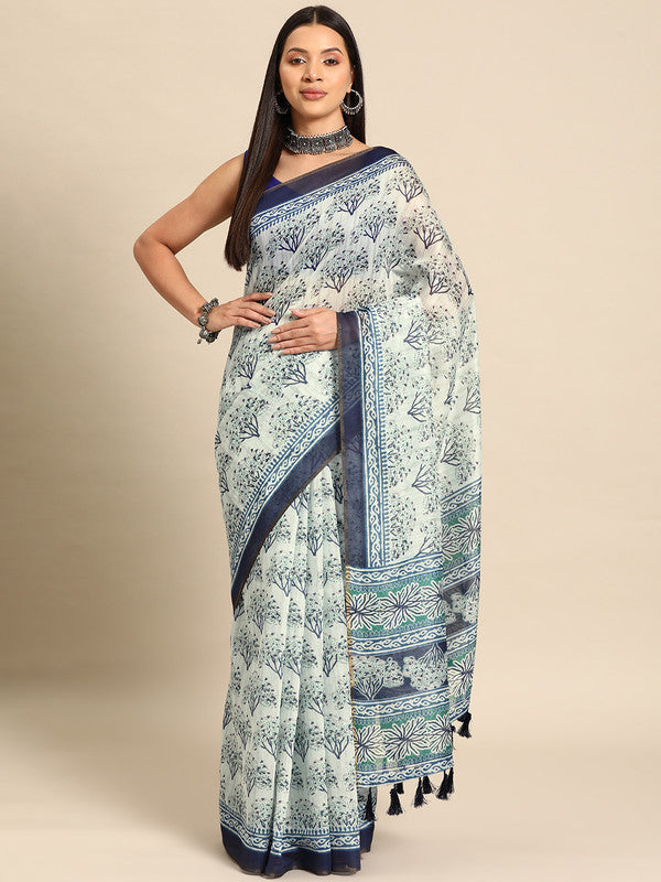 Blue Cotton Blend Printed Dabu Saree with Unstitched Blouse - Hiral Fashion | Swadesiicart