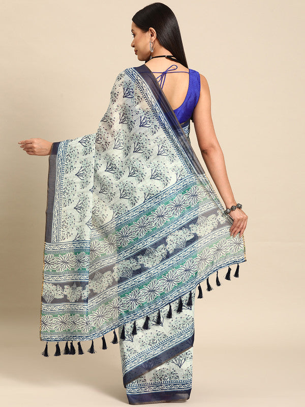 Blue Cotton Blend Printed Dabu Saree with Unstitched Blouse - Hiral Fashion | Swadesiicart