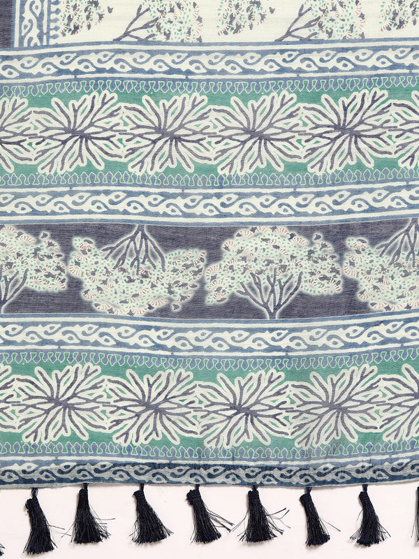 Blue Cotton Blend Printed Dabu Saree with Unstitched Blouse - Hiral Fashion | Swadesiicart