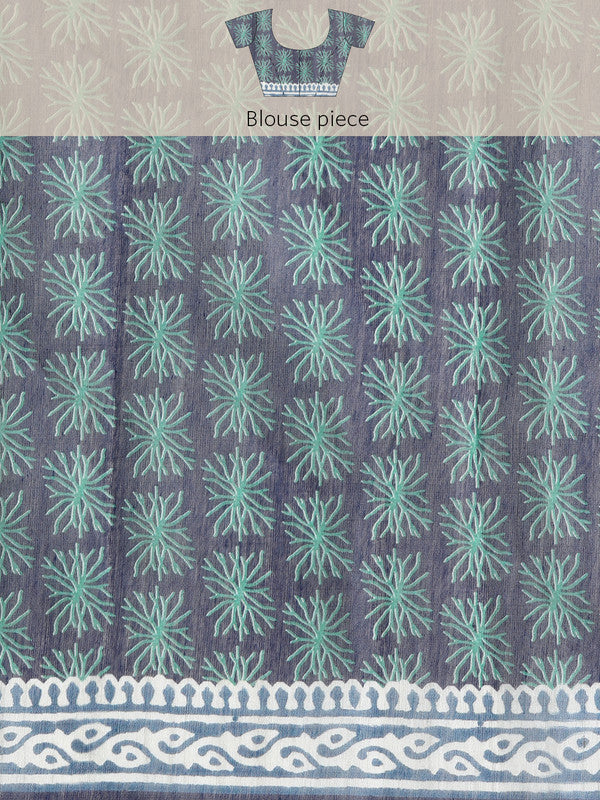 Blue Cotton Blend Printed Dabu Saree with Unstitched Blouse - Hiral Fashion | Swadesiicart