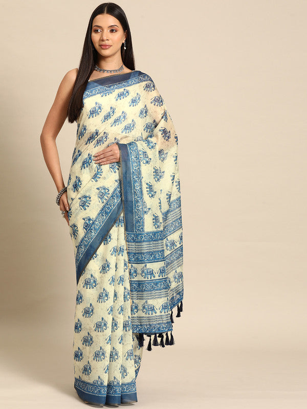 Blue Cotton Blend Printed Dabu Saree with Unstitched Blouse - Hiral Fashion | Swadesiicart