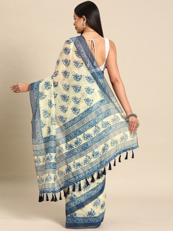 Blue Cotton Blend Printed Dabu Saree with Unstitched Blouse - Hiral Fashion | Swadesiicart