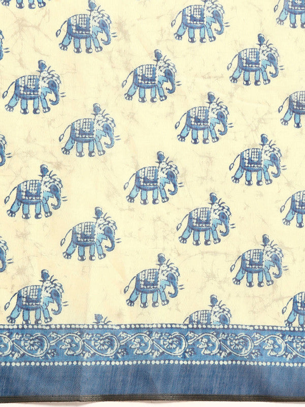 Blue Cotton Blend Printed Dabu Saree with Unstitched Blouse - Hiral Fashion | Swadesiicart