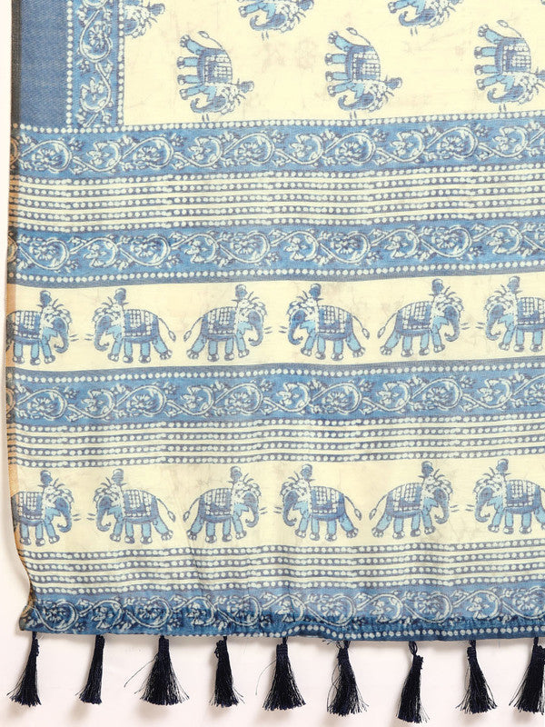 Blue Cotton Blend Printed Dabu Saree with Unstitched Blouse - Hiral Fashion | Swadesiicart