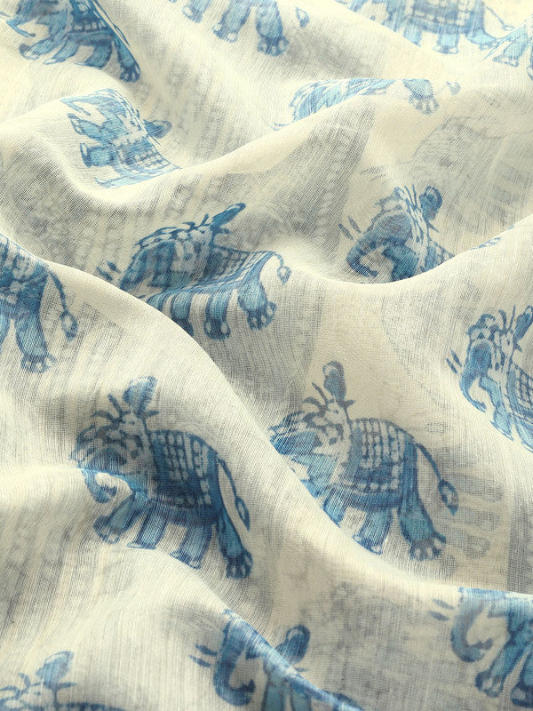 Blue Cotton Blend Printed Dabu Saree with Unstitched Blouse - Hiral Fashion | Swadesiicart