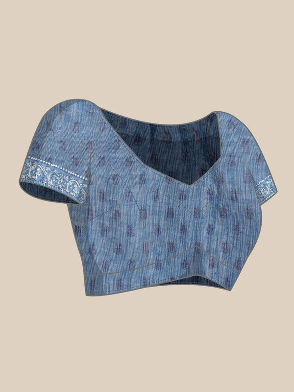 Blue Cotton Blend Printed Dabu Saree with Unstitched Blouse - Hiral Fashion | Swadesiicart