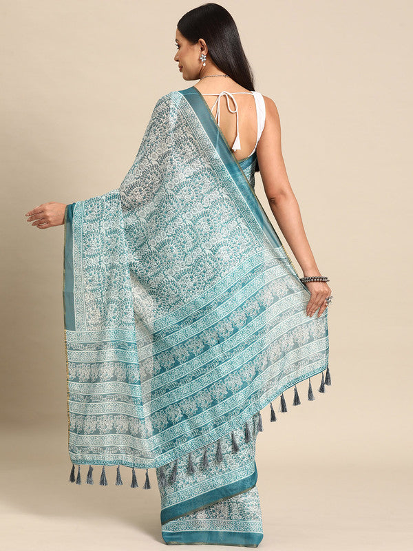 Turquoise Cotton Blend Printed Dabu Saree with Unstitched Blouse - Hiral Fashion | Swadesiicart
