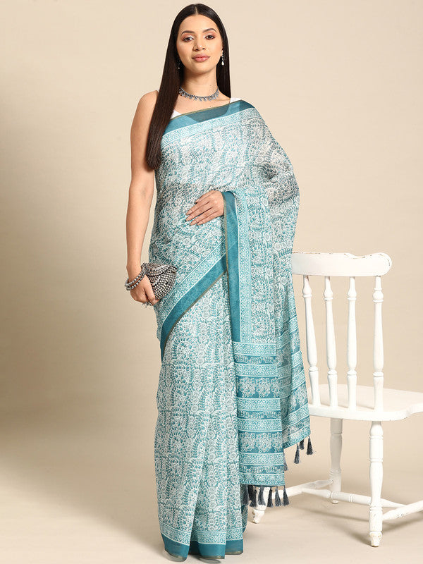 Turquoise Cotton Blend Printed Dabu Saree with Unstitched Blouse - Hiral Fashion | Swadesiicart