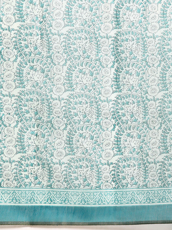 Turquoise Cotton Blend Printed Dabu Saree with Unstitched Blouse - Hiral Fashion | Swadesiicart