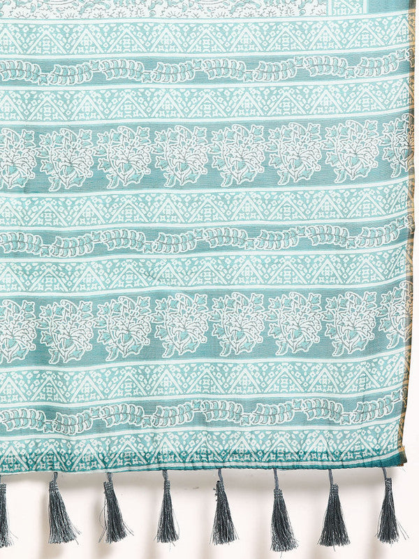 Turquoise Cotton Blend Printed Dabu Saree with Unstitched Blouse - Hiral Fashion | Swadesiicart