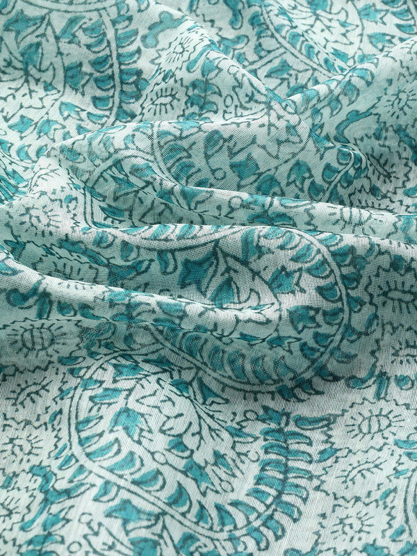 Turquoise Cotton Blend Printed Dabu Saree with Unstitched Blouse - Hiral Fashion | Swadesiicart