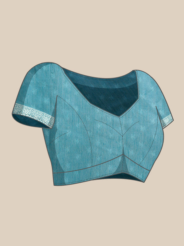 Turquoise Cotton Blend Printed Dabu Saree with Unstitched Blouse - Hiral Fashion | Swadesiicart
