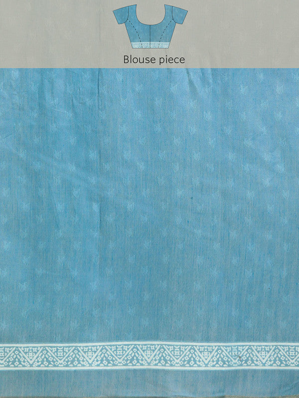 Turquoise Cotton Blend Printed Dabu Saree with Unstitched Blouse - Hiral Fashion | Swadesiicart
