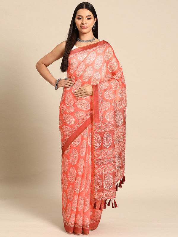 Peach Cotton Blend Printed Dabu Saree with Unstitched Blouse - Hiral Fashion | Swadesiicart