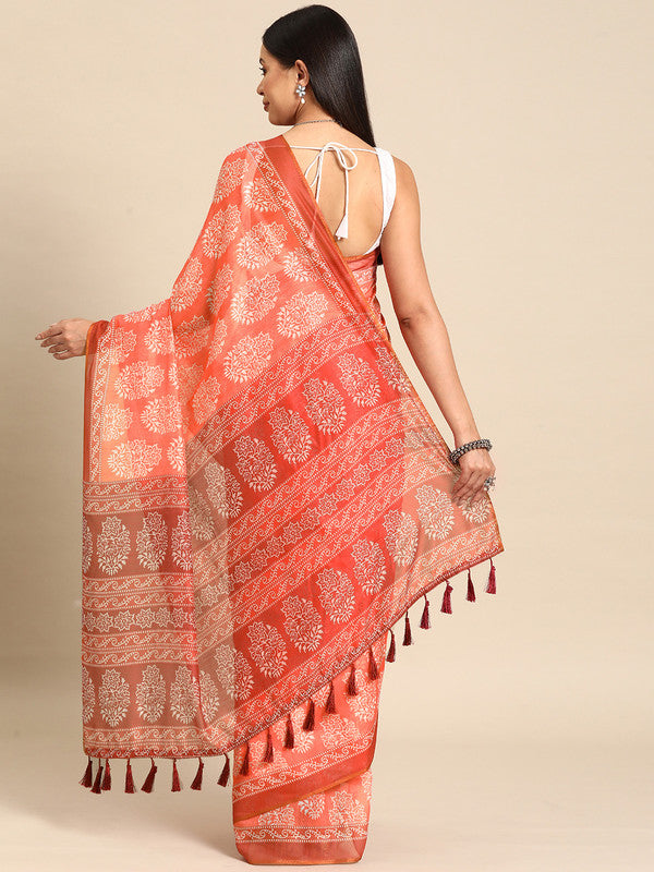 Peach Cotton Blend Printed Dabu Saree with Unstitched Blouse - Hiral Fashion | Swadesiicart