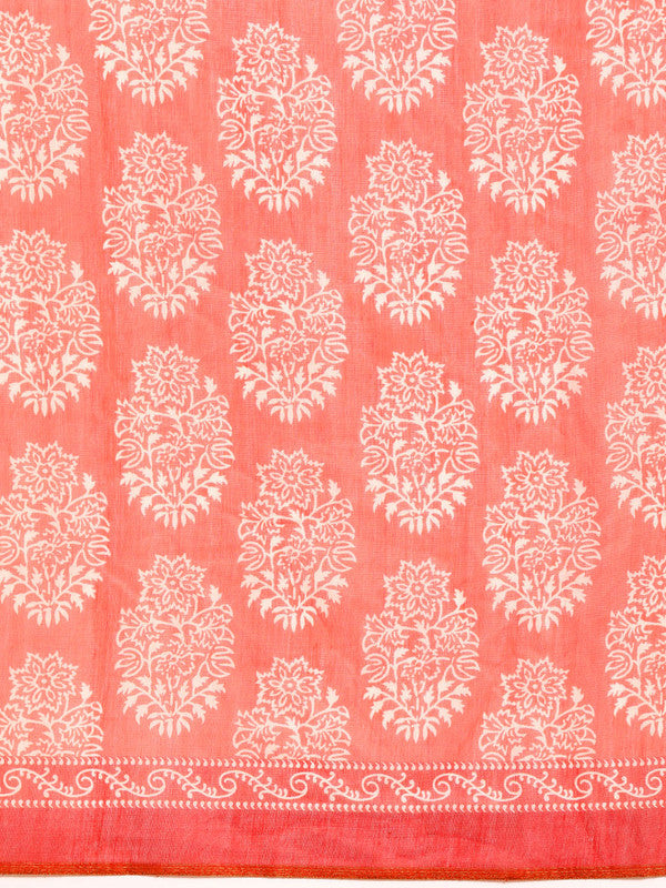 Peach Cotton Blend Printed Dabu Saree with Unstitched Blouse - Hiral Fashion | Swadesiicart