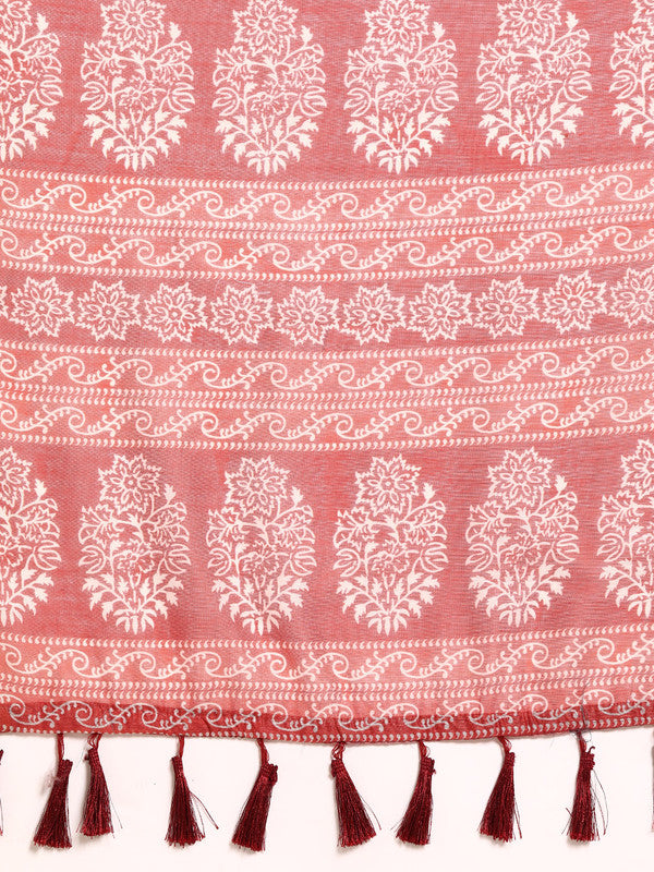 Peach Cotton Blend Printed Dabu Saree with Unstitched Blouse - Hiral Fashion | Swadesiicart
