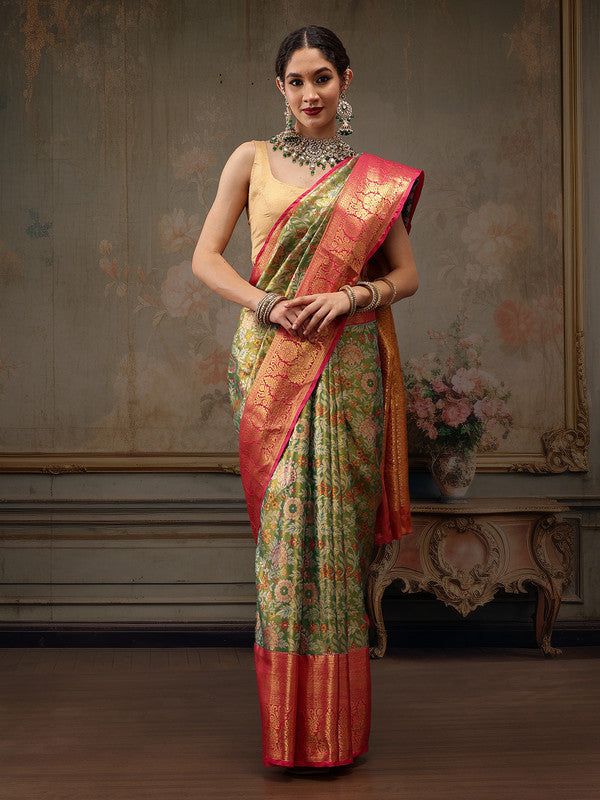 Green Pure Silk Woven Zari Design Floral Saree with Unstitched Blouse - Hiral Fashion | Swadesiicart