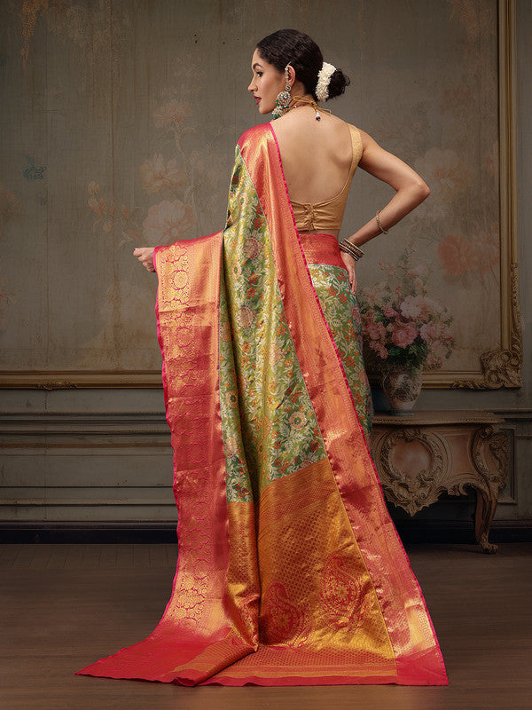 Green Pure Silk Woven Zari Design Floral Saree with Unstitched Blouse - Hiral Fashion | Swadesiicart