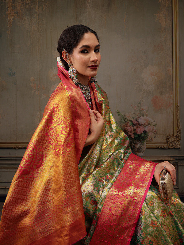 Green Pure Silk Woven Zari Design Floral Saree with Unstitched Blouse - Hiral Fashion | Swadesiicart