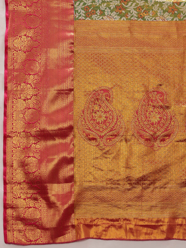 Green Pure Silk Woven Zari Design Floral Saree with Unstitched Blouse - Hiral Fashion | Swadesiicart