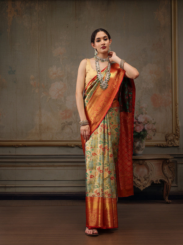 Gray Pure Silk Woven Zari Design Floral Saree with Unstitched Blouse - Hiral Fashion | Swadesiicart