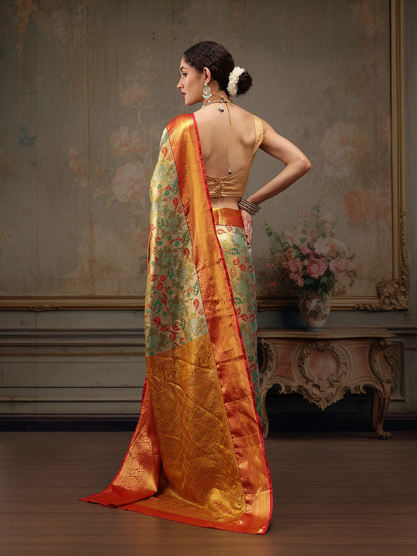 Gray Pure Silk Woven Zari Design Floral Saree with Unstitched Blouse - Hiral Fashion | Swadesiicart