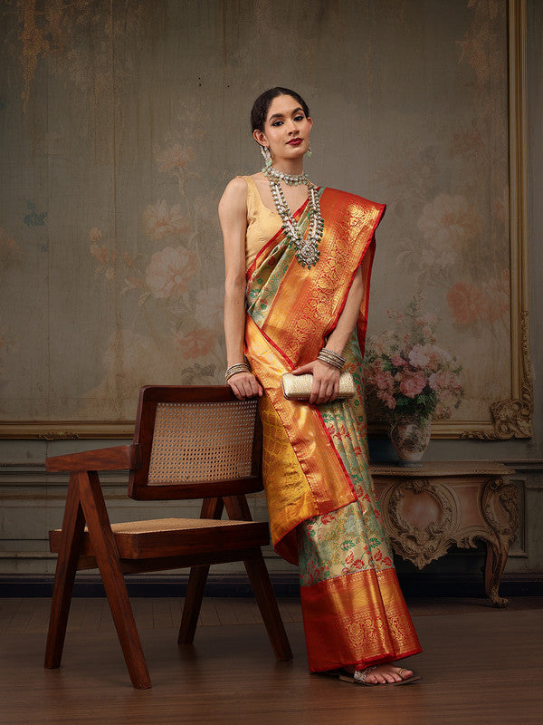 Gray Pure Silk Woven Zari Design Floral Saree with Unstitched Blouse - Hiral Fashion | Swadesiicart