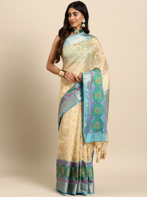 Beige Silk Blend Woven Zari Design Paisley Saree with Unstitched Blouse - Hiral Fashion | Swadesiicart