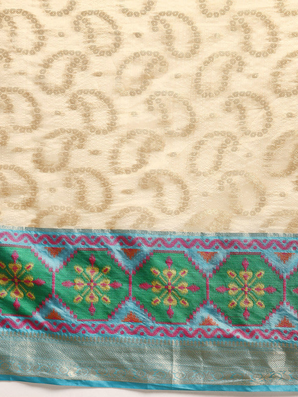 Beige Silk Blend Woven Zari Design Paisley Saree with Unstitched Blouse - Hiral Fashion | Swadesiicart