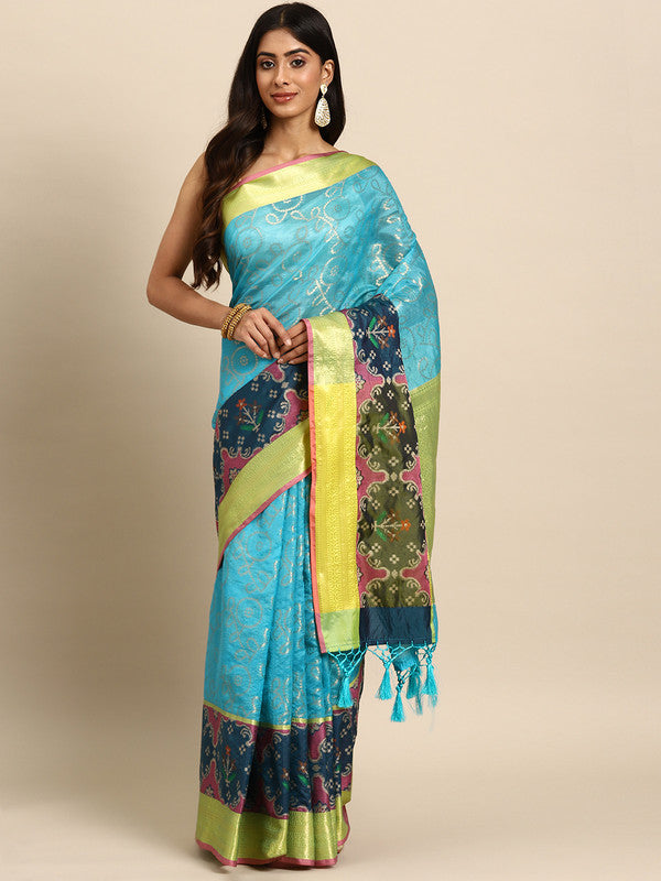 Blue Silk Blend Woven Zari Design Geomatric Saree with Unstitched Blouse - Hiral Fashion | Swadesiicart
