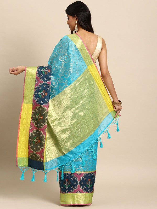 Blue Silk Blend Woven Zari Design Geomatric Saree with Unstitched Blouse - Hiral Fashion | Swadesiicart