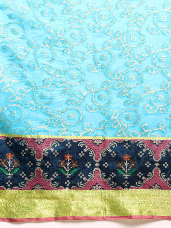 Blue Silk Blend Woven Zari Design Geomatric Saree with Unstitched Blouse - Hiral Fashion | Swadesiicart