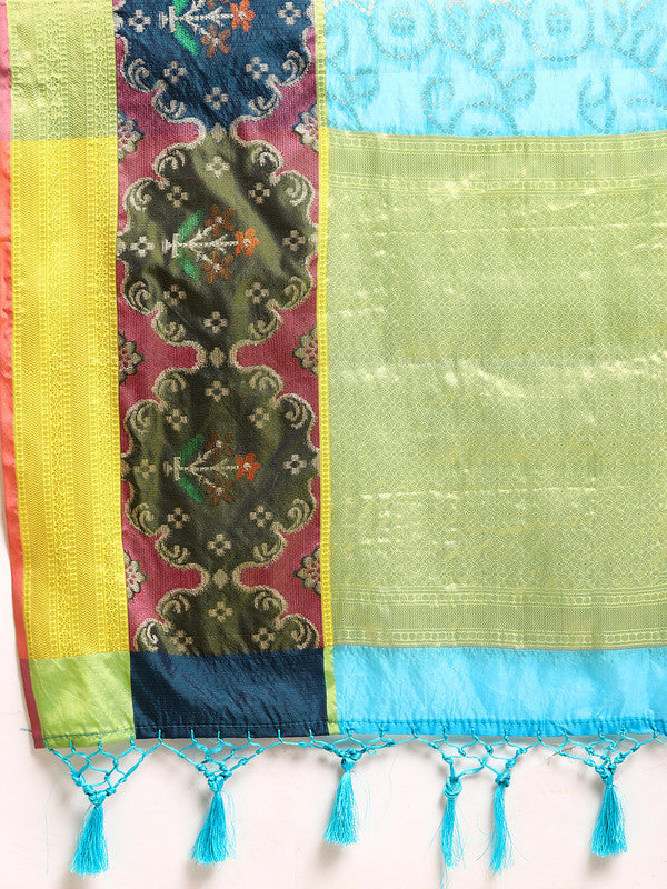 Blue Silk Blend Woven Zari Design Geomatric Saree with Unstitched Blouse - Hiral Fashion | Swadesiicart