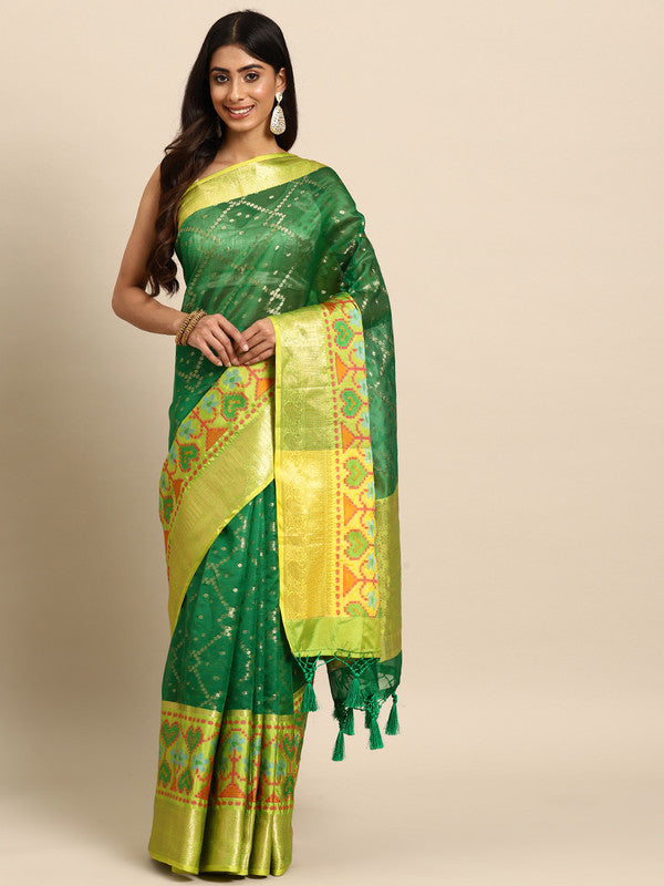 Green Silk Blend Woven Zari Design Striped Saree with Unstitched Blouse - Hiral Fashion | Swadesiicart