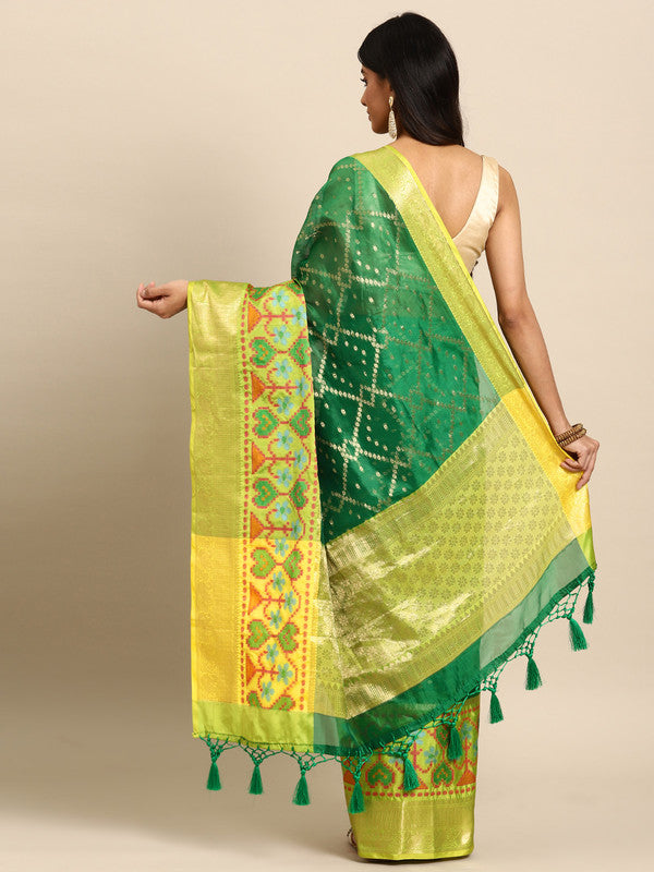 Green Silk Blend Woven Zari Design Striped Saree with Unstitched Blouse - Hiral Fashion | Swadesiicart