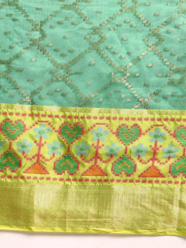 Green Silk Blend Woven Zari Design Striped Saree with Unstitched Blouse - Hiral Fashion | Swadesiicart
