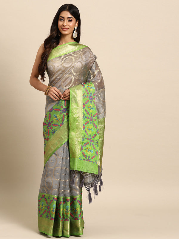 Gray Silk Blend Woven Zari Design Geomatric Saree with Unstitched Blouse - Hiral Fashion | Swadesiicart
