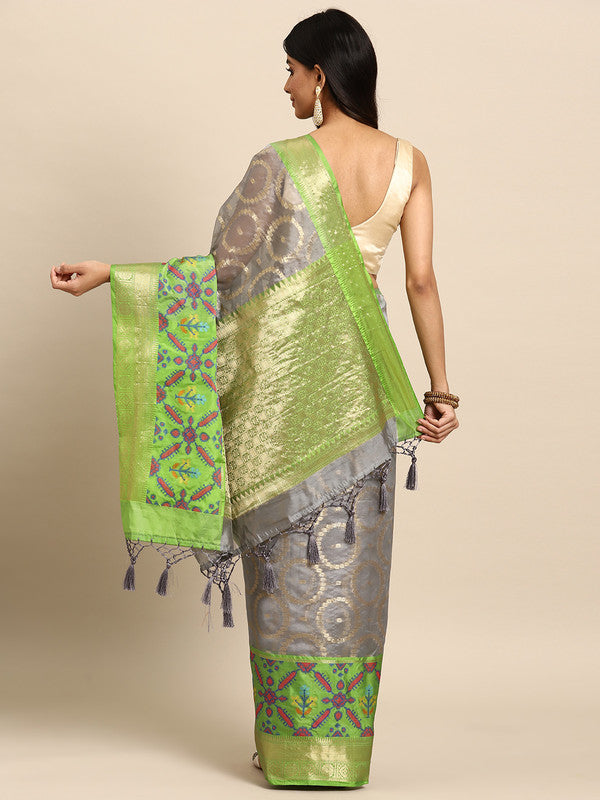 Gray Silk Blend Woven Zari Design Geomatric Saree with Unstitched Blouse - Hiral Fashion | Swadesiicart