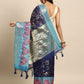 Navy Blue Silk Blend Woven Zari Design Floral Saree with Unstitched Blouse - Hiral Fashion | Swadesiicart