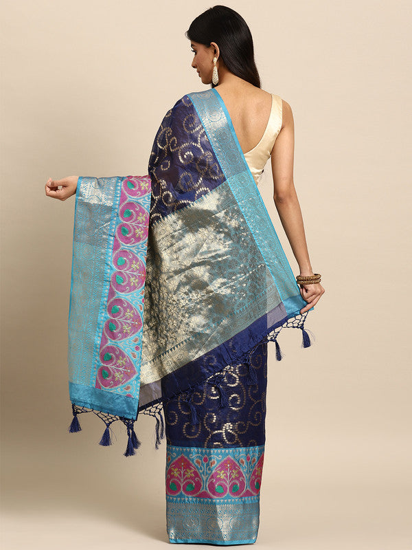 Navy Blue Silk Blend Woven Zari Design Floral Saree with Unstitched Blouse - Hiral Fashion | Swadesiicart
