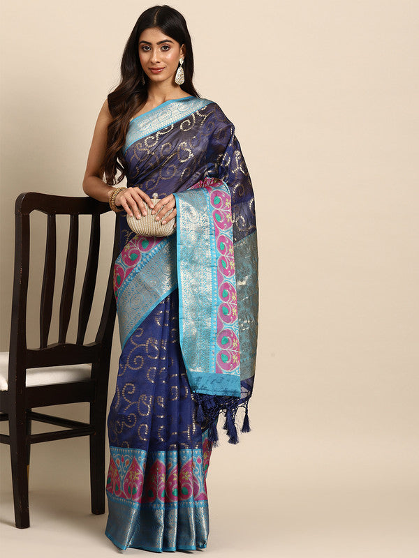 Navy Blue Silk Blend Woven Zari Design Floral Saree with Unstitched Blouse - Hiral Fashion | Swadesiicart