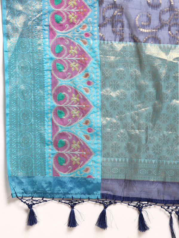 Navy Blue Silk Blend Woven Zari Design Floral Saree with Unstitched Blouse - Hiral Fashion | Swadesiicart
